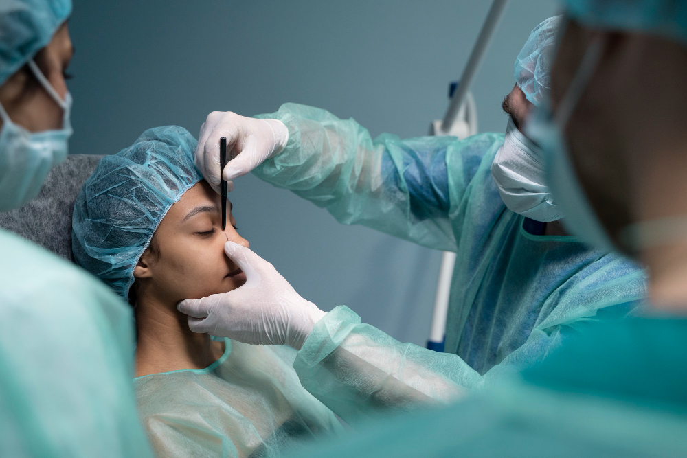 Side view of a doctor closely examining a patient's eye before cataract surgery