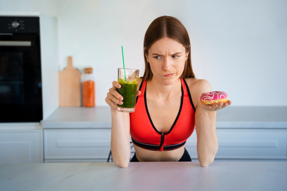 Woman in athletic wear holding a green smoothie in one hand and a tempting donut in the other, showcasing the choice between health and indulgence