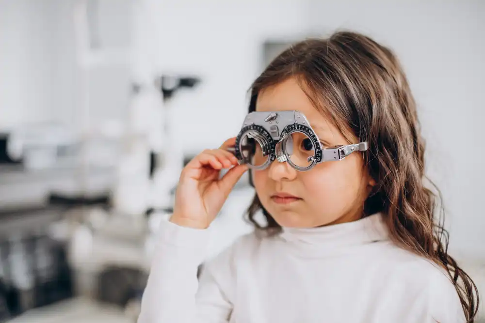 Little girl having her child's vision evaluated at an ophthalmology center