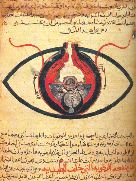 Illustrated ancient manuscript depicting the anatomy of the human eye from 1200 A.D.